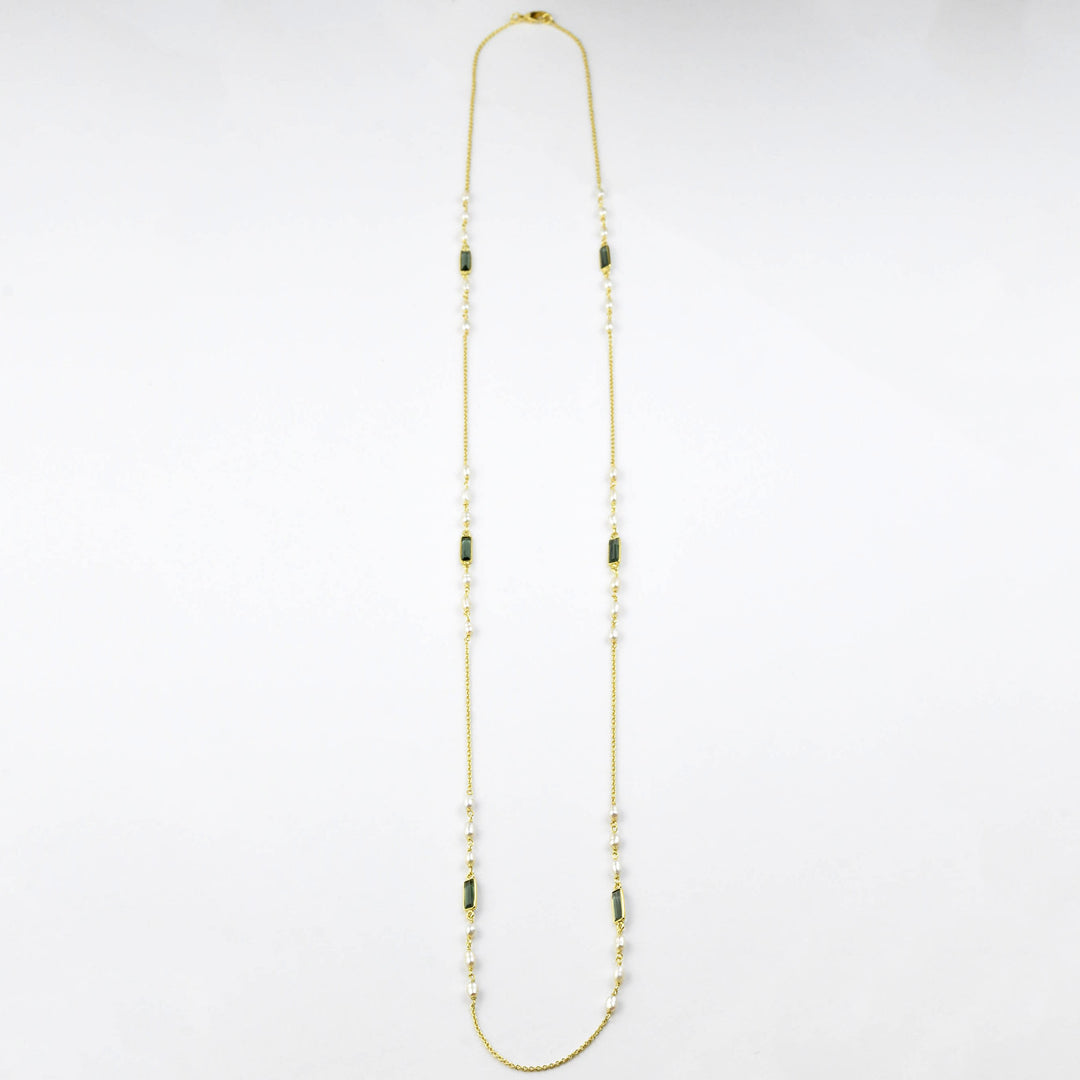 Peal and Green Tourmaline Long Necklace - Goldmakers Fine Jewelry