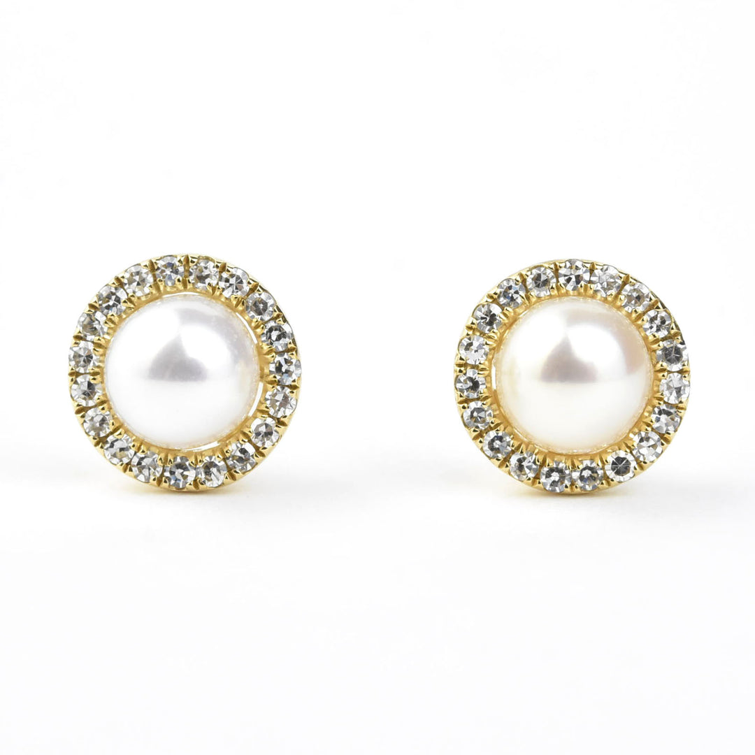 Pearl and Diamond Halo Studs in Yellow Gold - Goldmakers Fine Jewelry