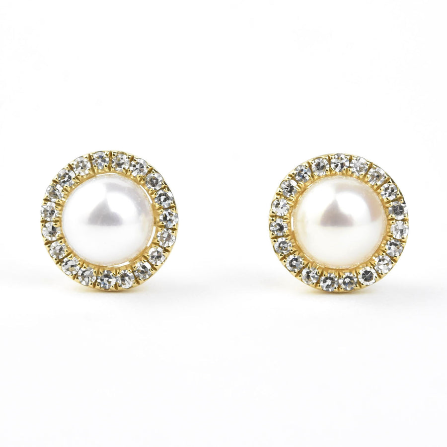 Pearl and Diamond Halo Studs in Yellow Gold - Goldmakers Fine Jewelry