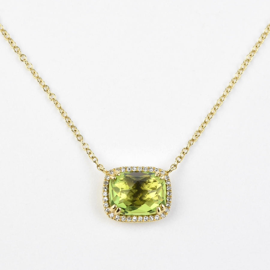 Peridot and Diamond Halo Necklace in Yellow Gold - Goldmakers Fine Jewelry