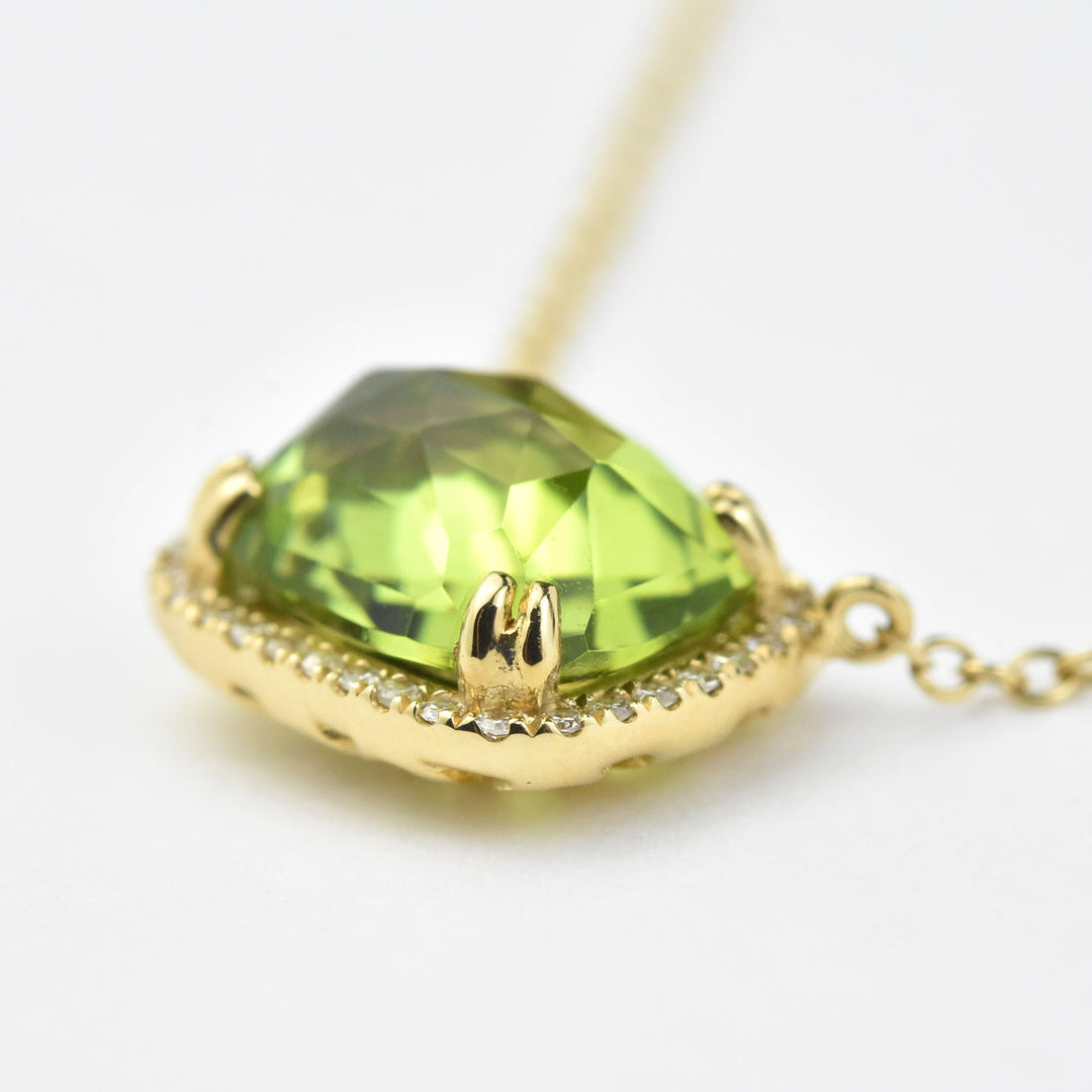 Peridot and Diamond Halo Necklace in Yellow Gold - Goldmakers Fine Jewelry