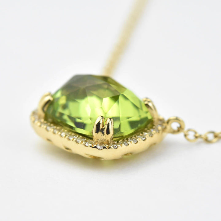 Peridot and Diamond Halo Necklace in Yellow Gold - Goldmakers Fine Jewelry