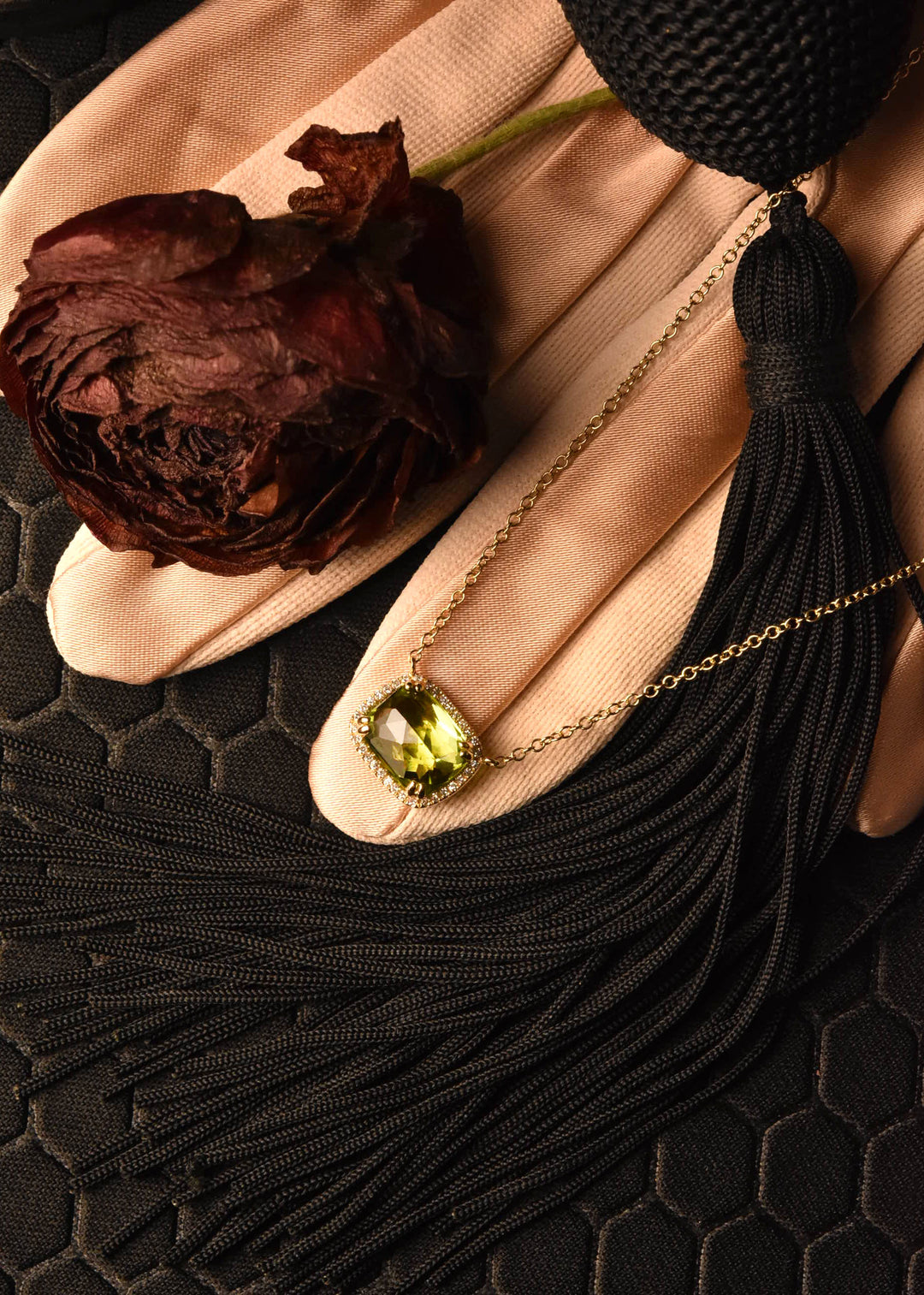 Peridot and Diamond Halo Necklace in Yellow Gold - Goldmakers Fine Jewelry