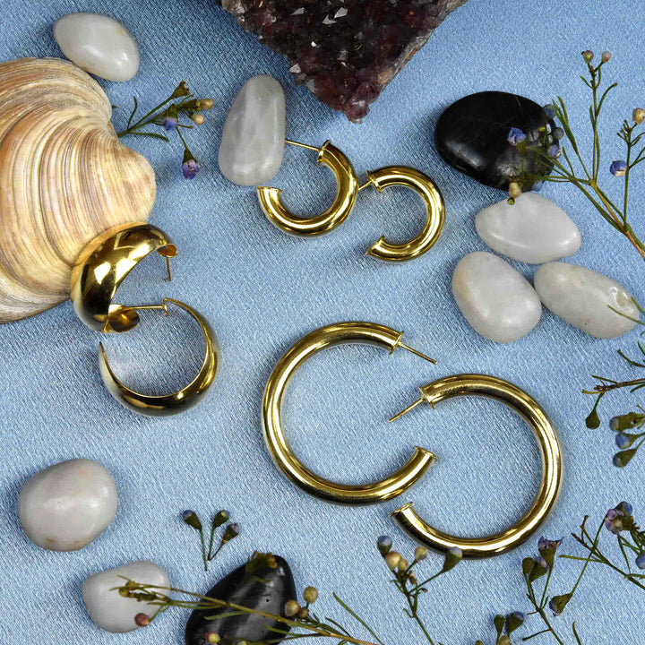 Polished Curved Gold Tone Hoops - Goldmakers Fine Jewelry