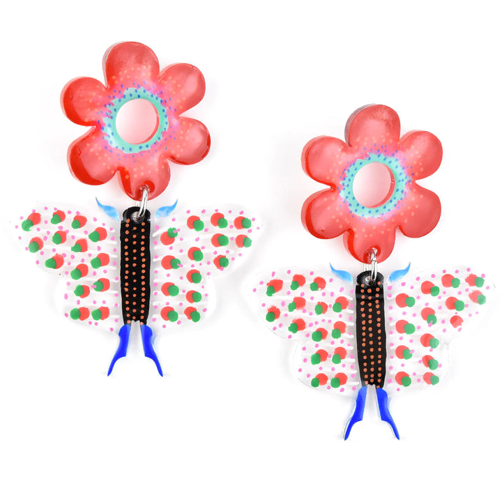 Red Butterfly and Flower Earrings - Goldmakers Fine Jewelry