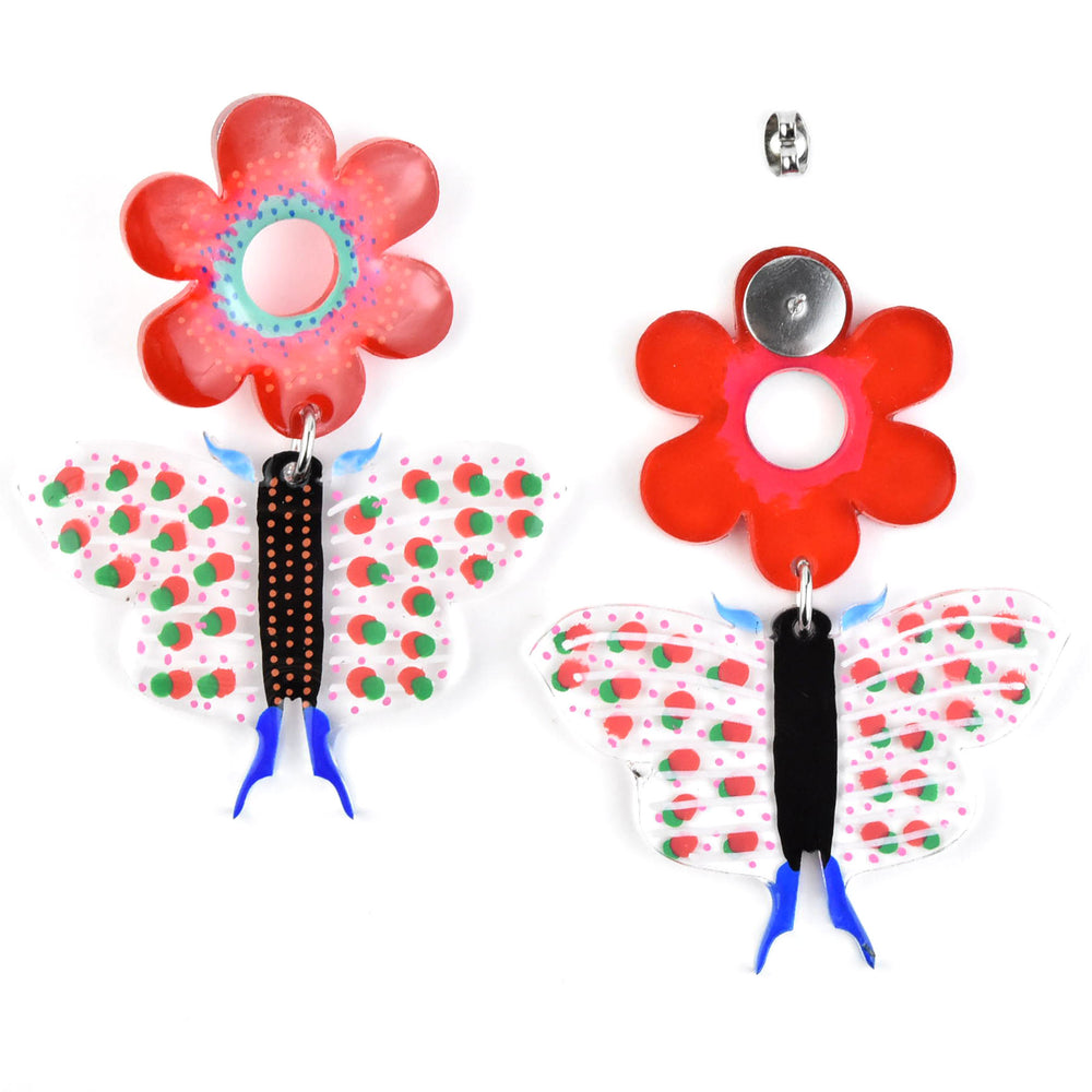 Red Butterfly and Flower Earrings - Goldmakers Fine Jewelry