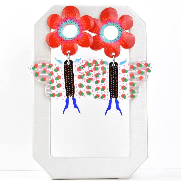 Red Butterfly and Flower Earrings - Goldmakers Fine Jewelry