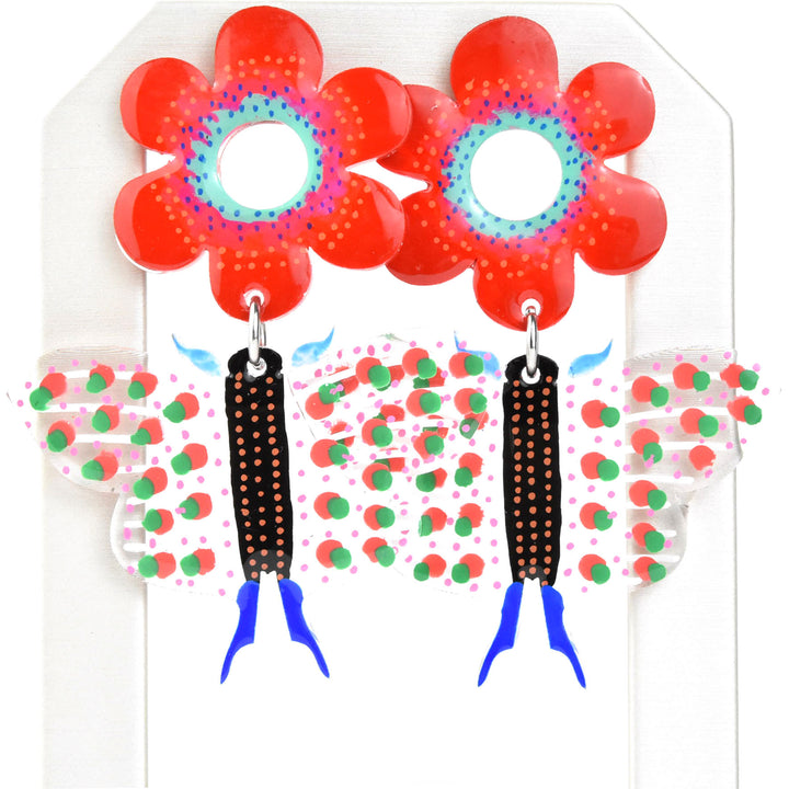 Red Butterfly and Flower Earrings - Goldmakers Fine Jewelry