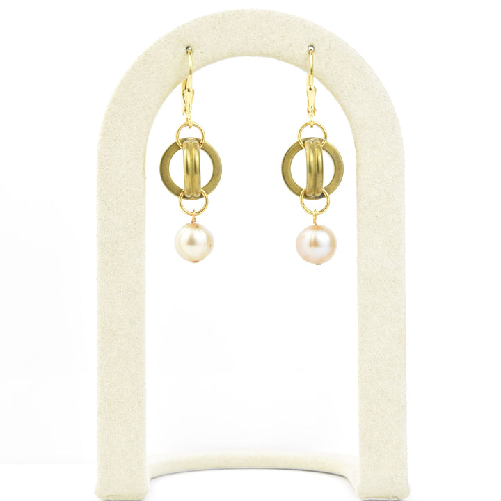 Vintage Brass Round Link & Pearl Earrings - Goldmakers Fine Jewelry