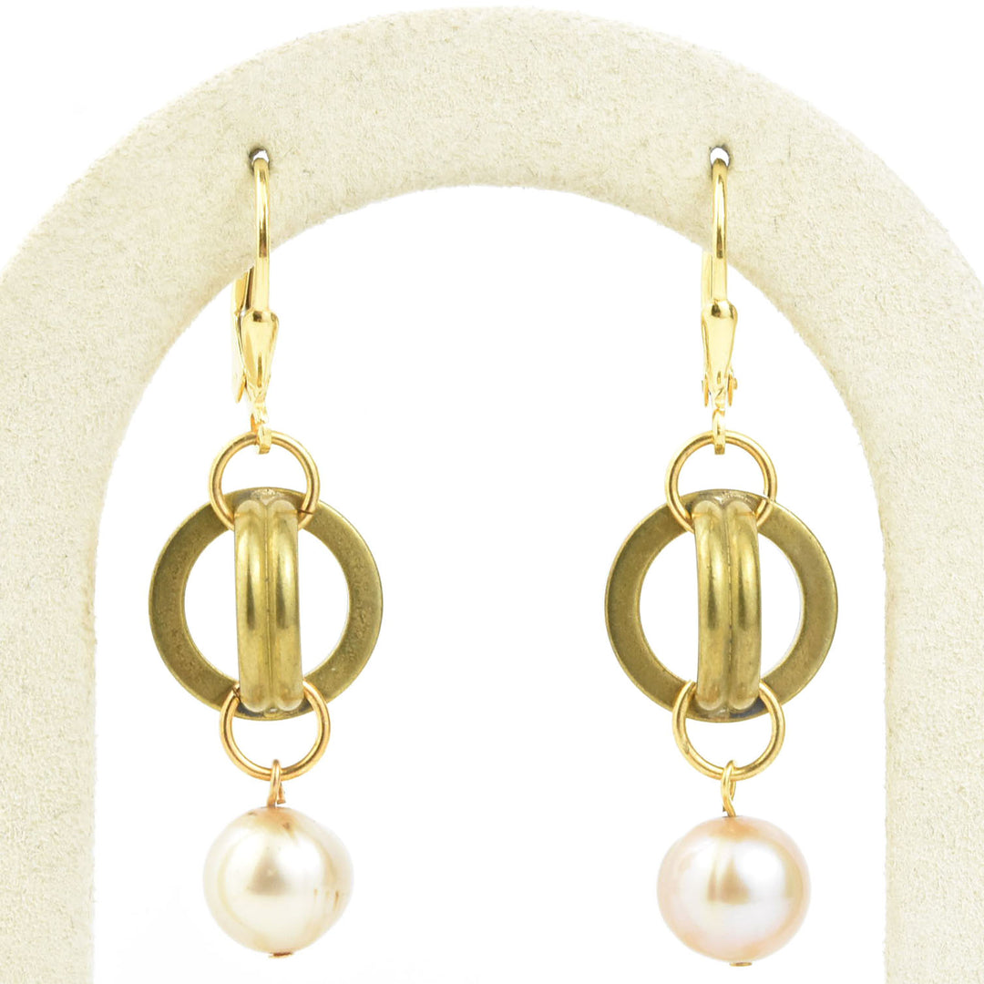 Vintage Brass Round Link & Pearl Earrings - Goldmakers Fine Jewelry