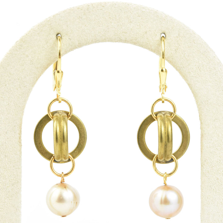 Vintage Brass Round Link & Pearl Earrings - Goldmakers Fine Jewelry