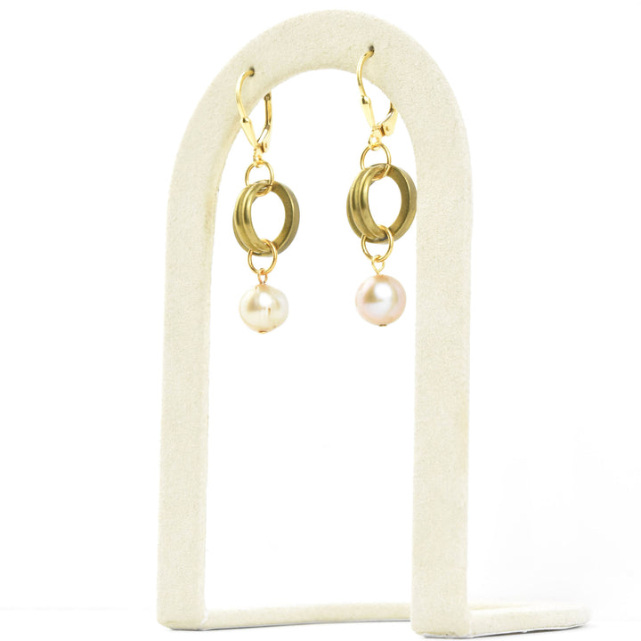 Vintage Brass Round Link & Pearl Earrings - Goldmakers Fine Jewelry