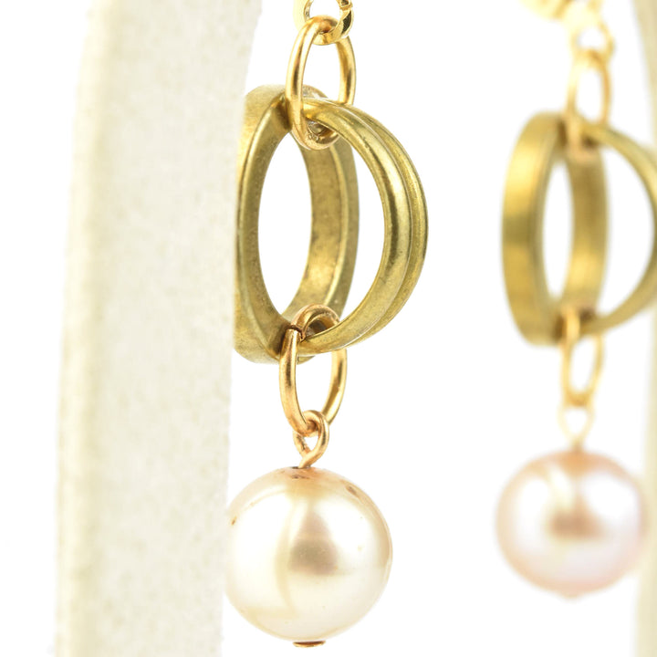 Vintage Brass Round Link & Pearl Earrings - Goldmakers Fine Jewelry