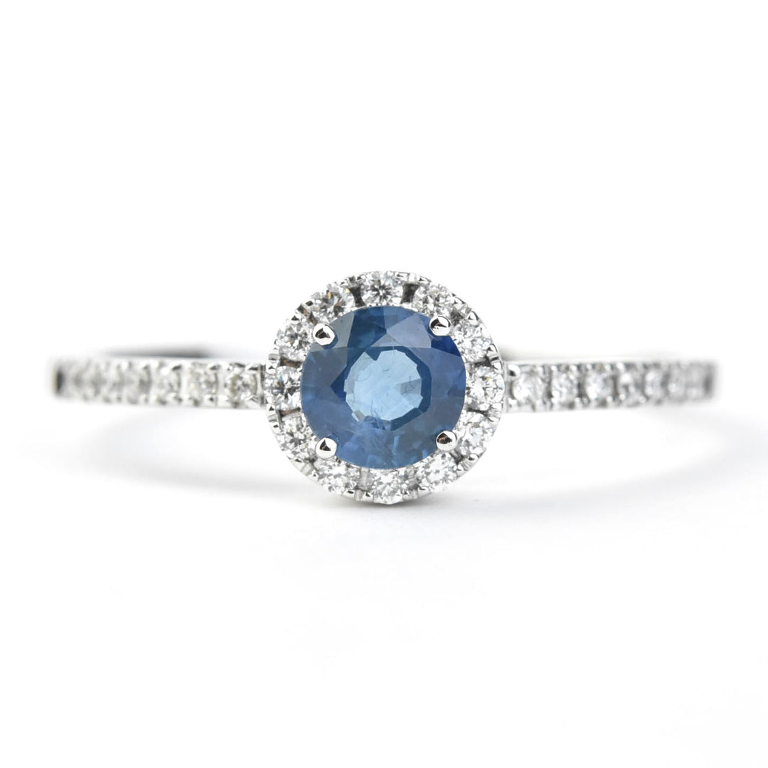 Sapphire and Diamond Halo Ring in 14k White Gold - Goldmakers Fine Jewelry