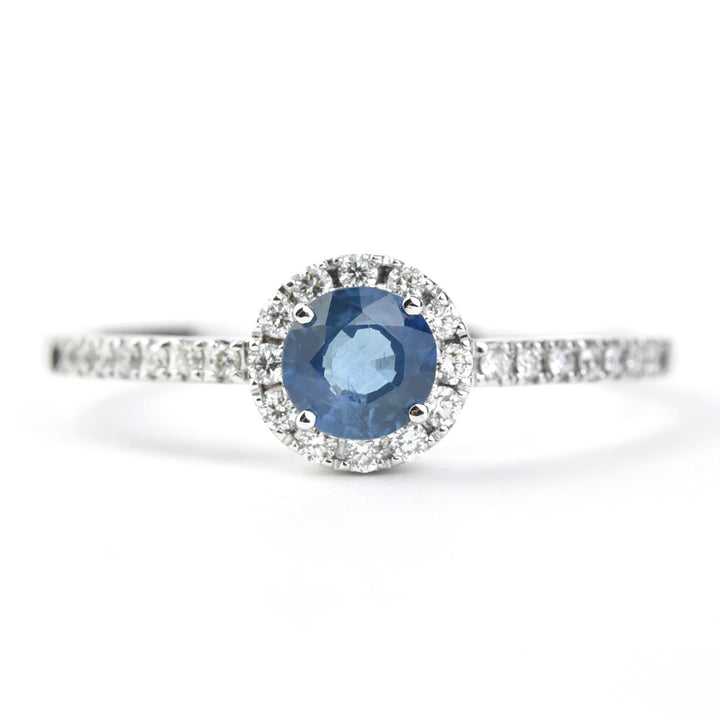 Sapphire and Diamond Halo Ring in 14k White Gold - Goldmakers Fine Jewelry