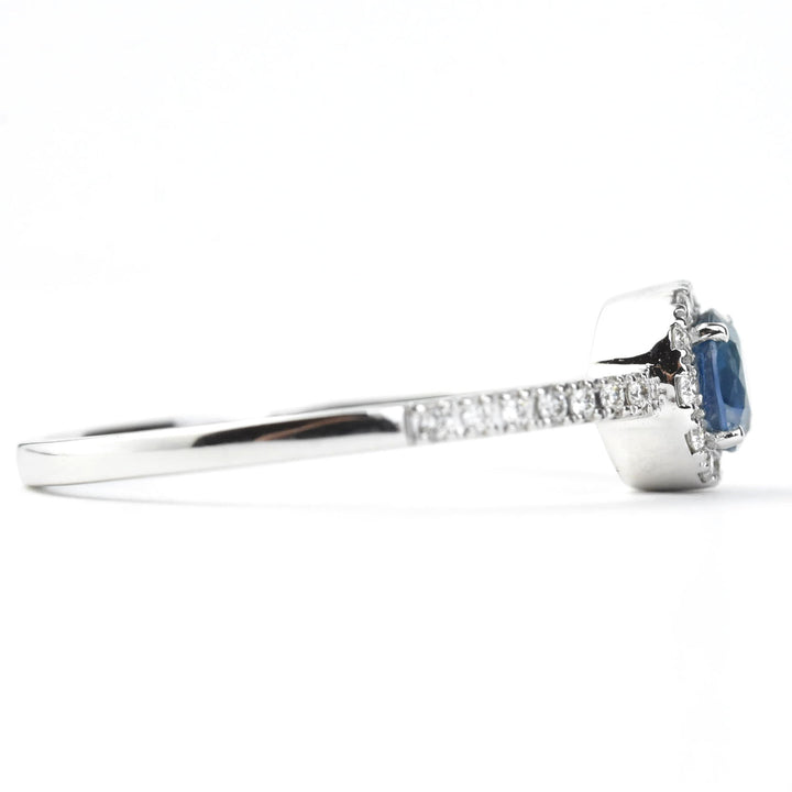Sapphire and Diamond Halo Ring in 14k White Gold - Goldmakers Fine Jewelry