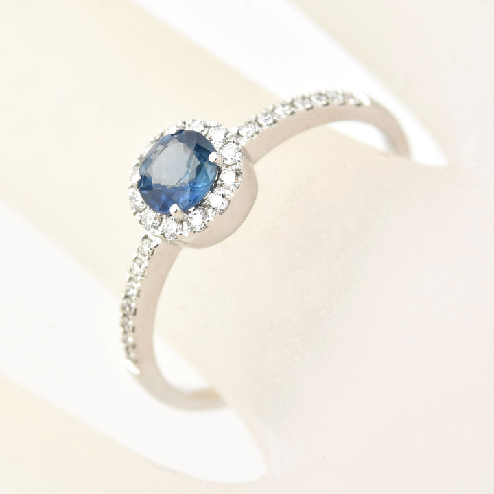Sapphire and Diamond Halo Ring in 14k White Gold - Goldmakers Fine Jewelry