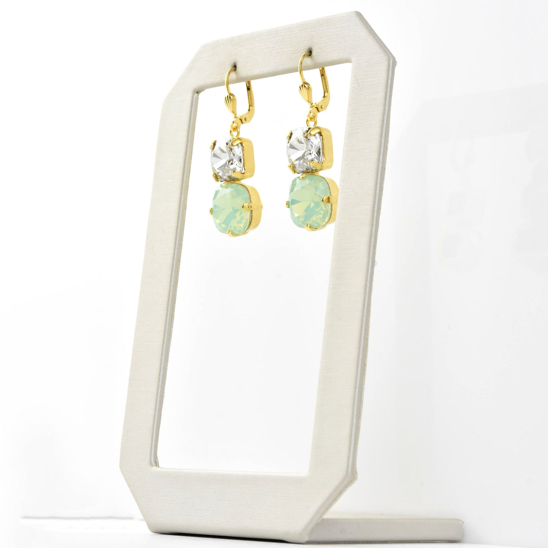 Mint Green & Crystal Two Stone Drops - Goldmakers Fine Jewelry