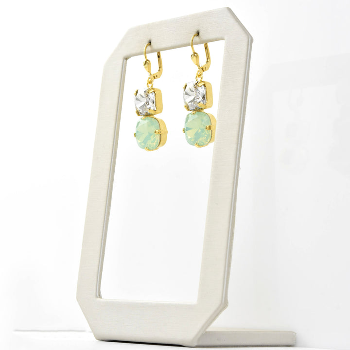 Mint Green & Crystal Two Stone Drops - Goldmakers Fine Jewelry