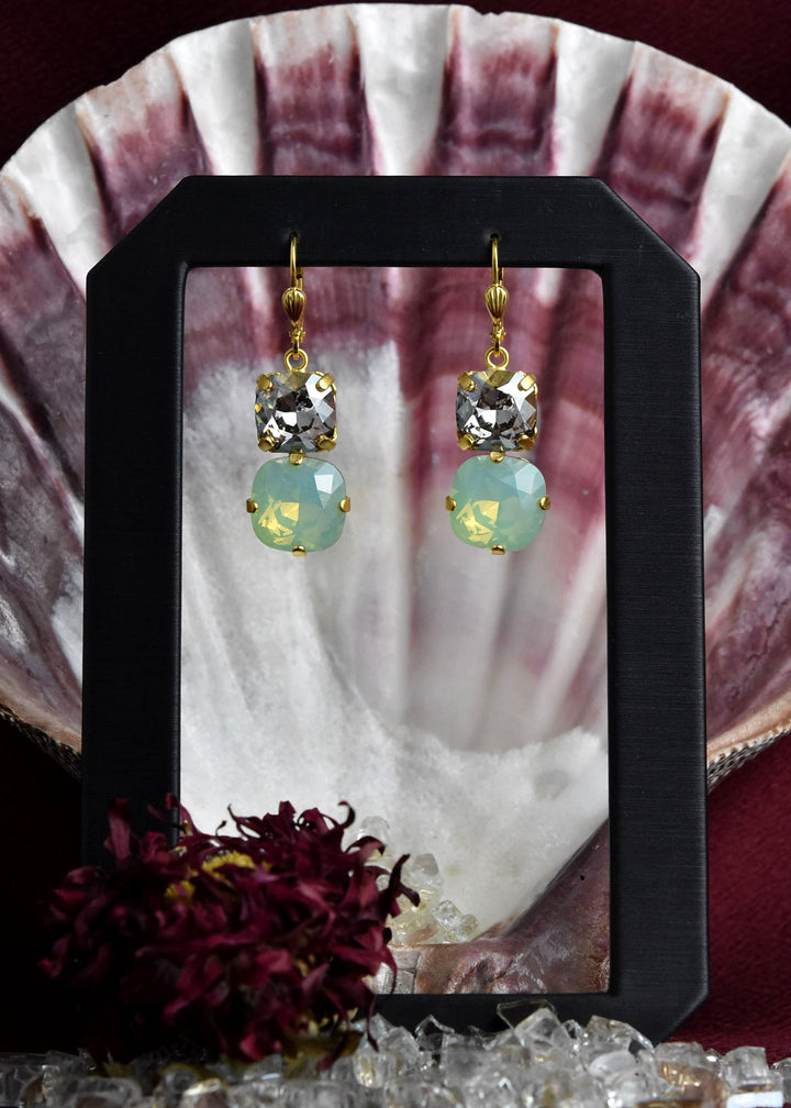 Mint Green & Crystal Two Stone Drops - Goldmakers Fine Jewelry