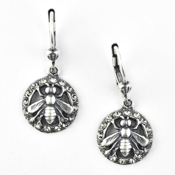 Silver Tone Crystal Halo Bee Earrings - Goldmakers Fine Jewelry