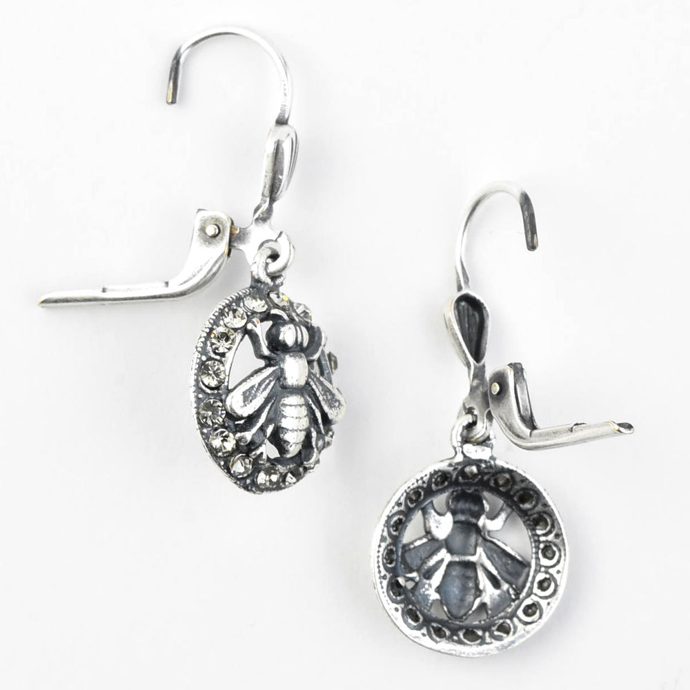 Silver Tone Crystal Halo Bee Earrings - Goldmakers Fine Jewelry