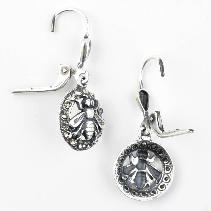Silver Tone Crystal Halo Bee Earrings - Goldmakers Fine Jewelry