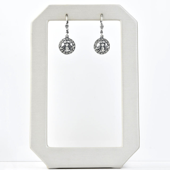 Silver Tone Crystal Halo Bee Earrings - Goldmakers Fine Jewelry