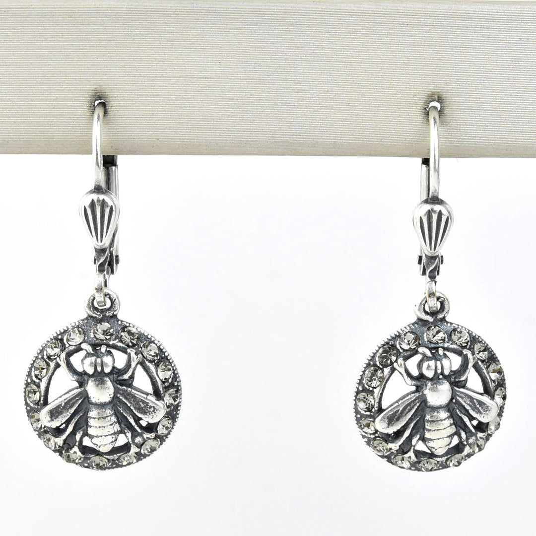 Silver Tone Crystal Halo Bee Earrings - Goldmakers Fine Jewelry