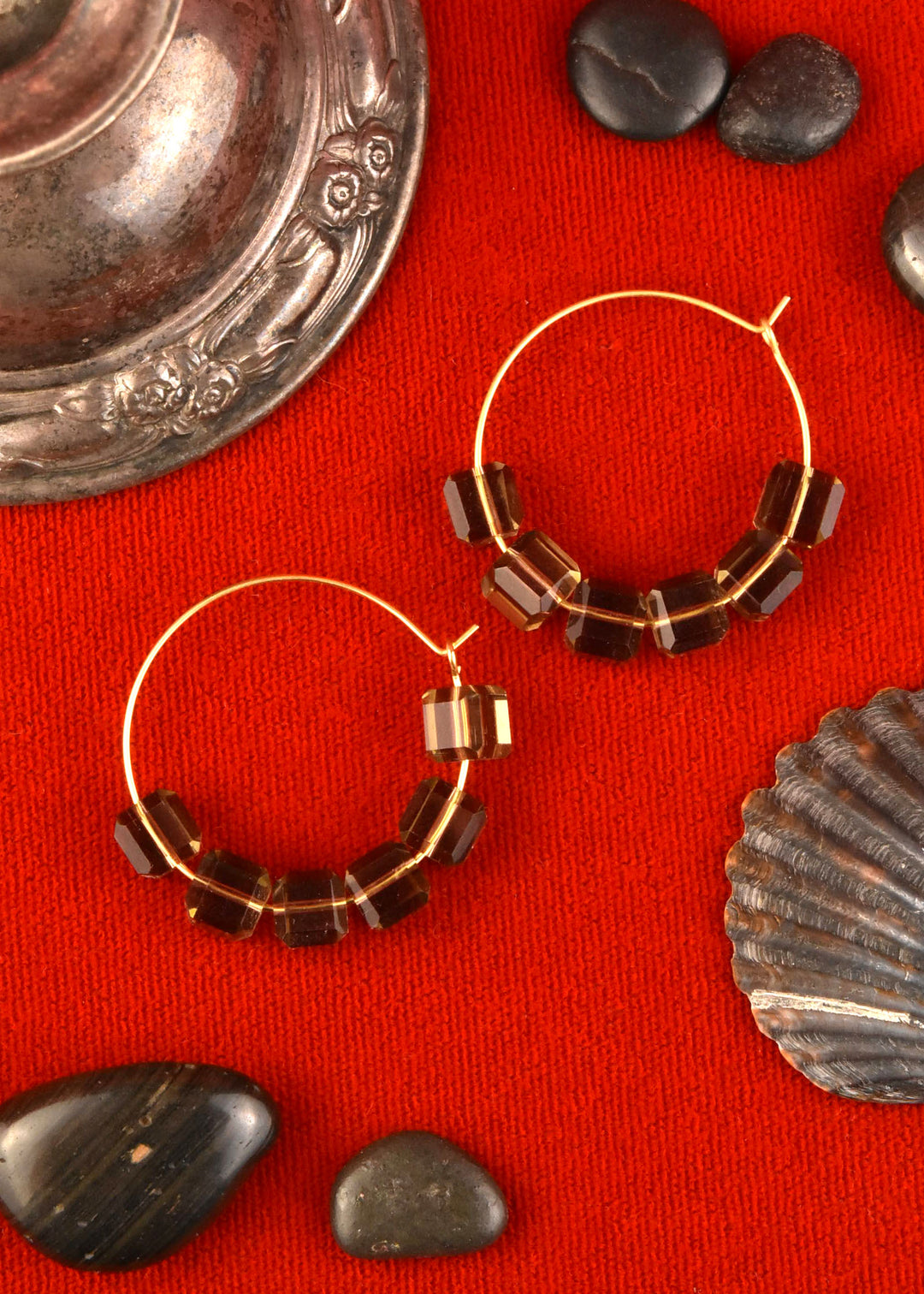 Smokey Quartz Glass Bead Hoops - Goldmakers Fine Jewelry