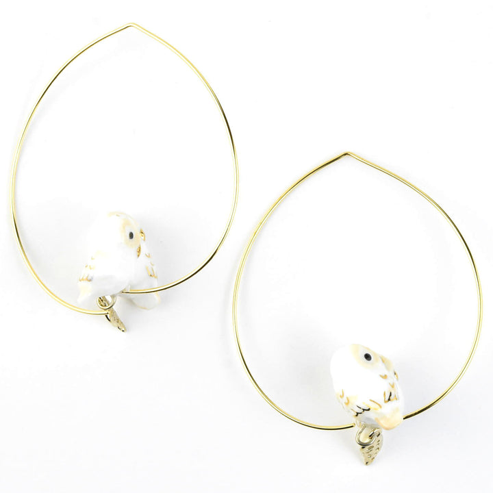 Snuggly White Owls on Hoops - Goldmakers Fine Jewelry