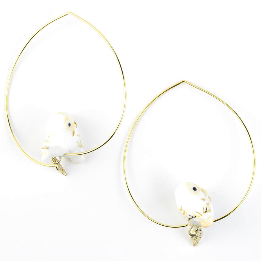 Snuggly White Owls on Hoops - Goldmakers Fine Jewelry