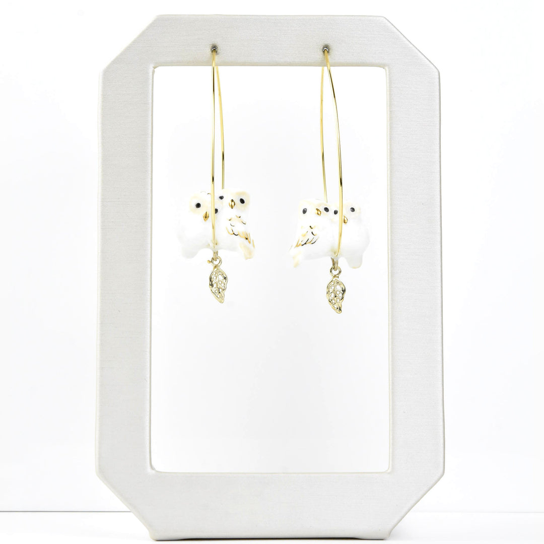 Snuggly White Owls on Hoops - Goldmakers Fine Jewelry