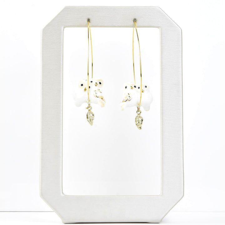 Snuggly White Owls on Hoops - Goldmakers Fine Jewelry