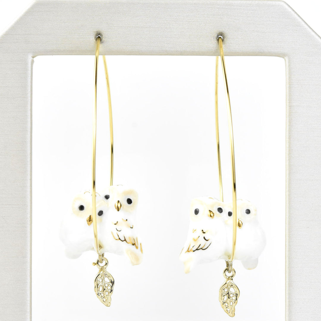 Snuggly White Owls on Hoops - Goldmakers Fine Jewelry
