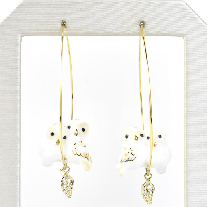 Snuggly White Owls on Hoops - Goldmakers Fine Jewelry