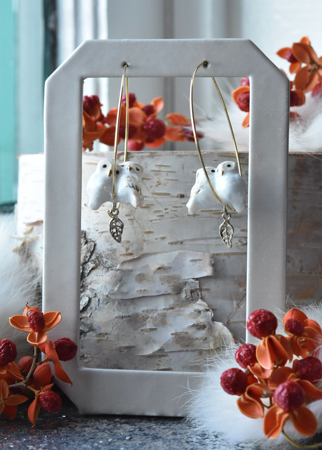 Snuggly White Owls on Hoops - Goldmakers Fine Jewelry