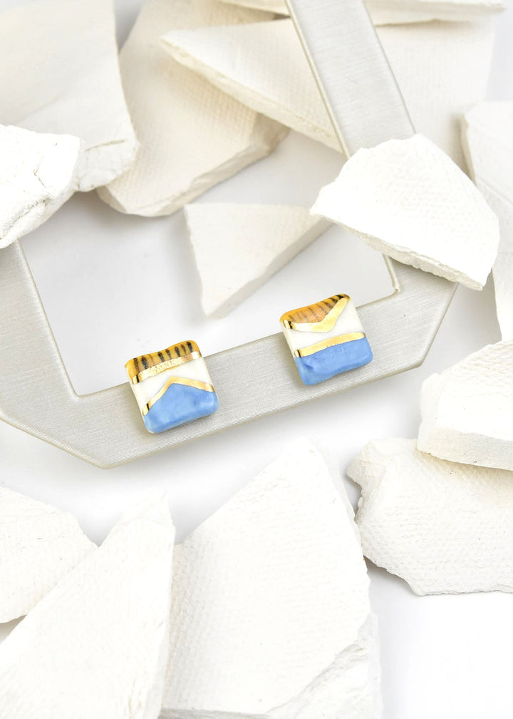 Square Geo Studs, Blue & Yellow - Goldmakers Fine Jewelry