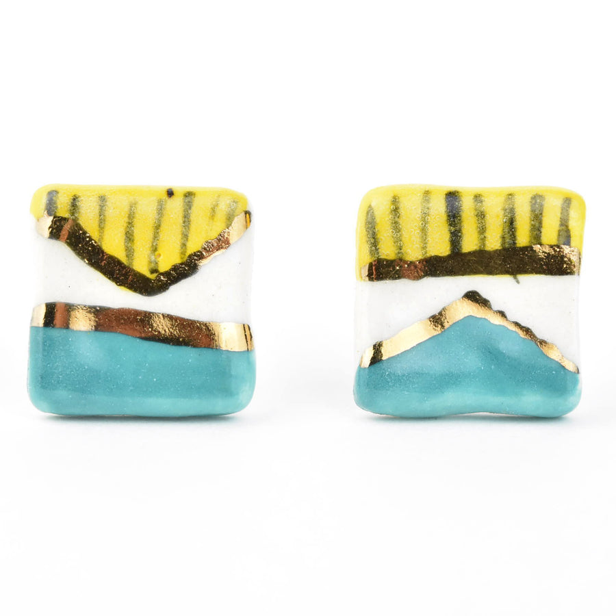 Square Geo Studs, Turquoise & Yellow - Goldmakers Fine Jewelry