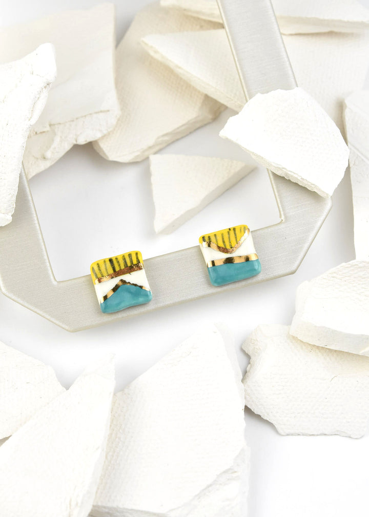 Square Geo Studs, Turquoise & Yellow - Goldmakers Fine Jewelry