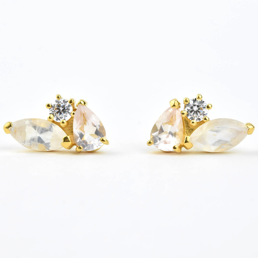 Moonstone, Quartz & CZ Sweet Pea Studs - Goldmakers Fine Jewelry