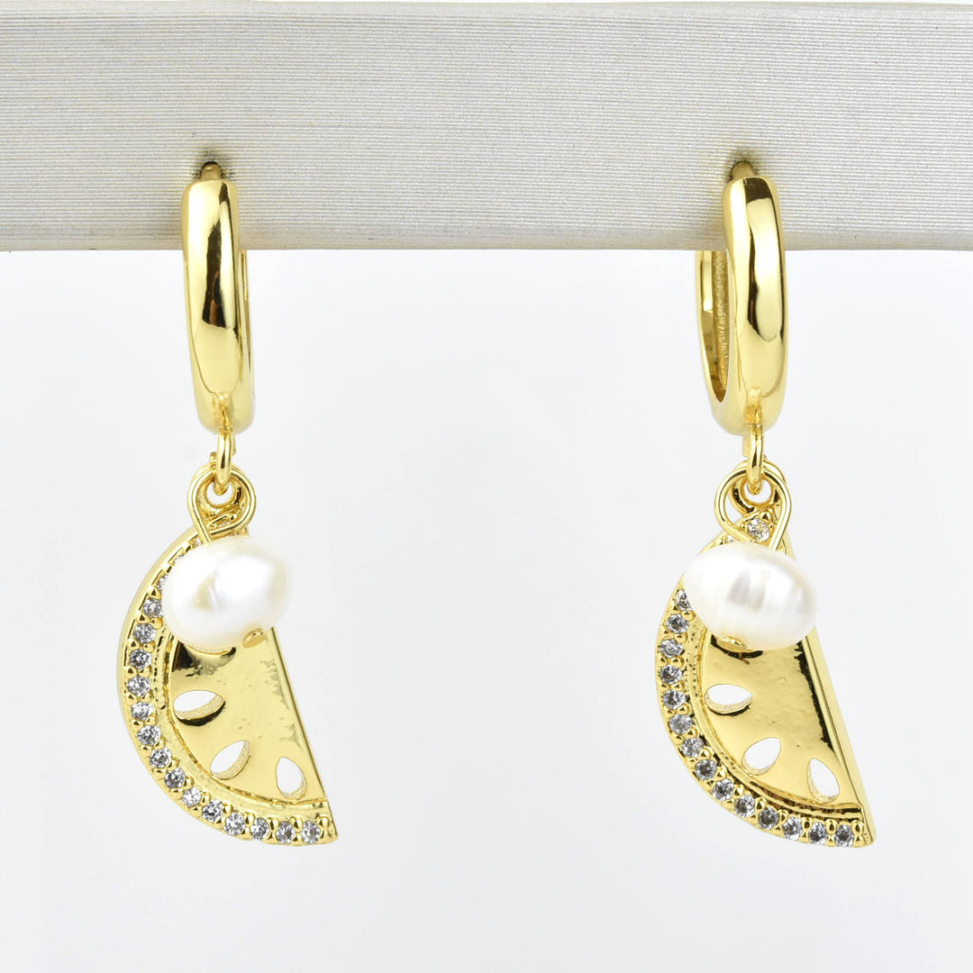 Watermelon Huggies with Pearl - Goldmakers Fine Jewelry