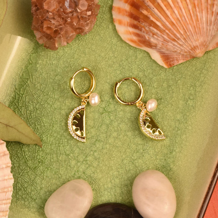Watermelon Huggies with Pearl - Goldmakers Fine Jewelry
