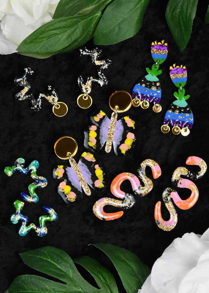 Squiggle Abstract Art Wavy Earrings, Black & Gold - Goldmakers Fine Jewelry