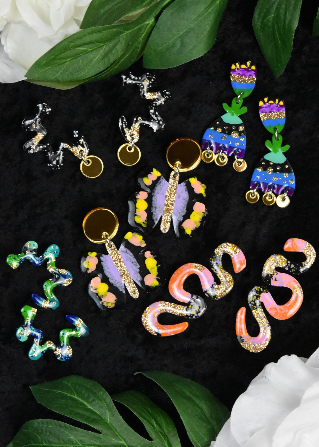 Squiggle Abstract Art Wavy Earrings, Blue & Green - Goldmakers Fine Jewelry