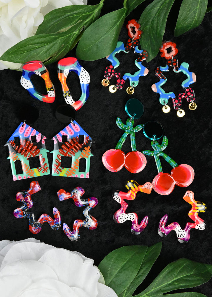 Squiggle Abstract Art Doodle Earrings, Pink & Orange - Goldmakers Fine Jewelry