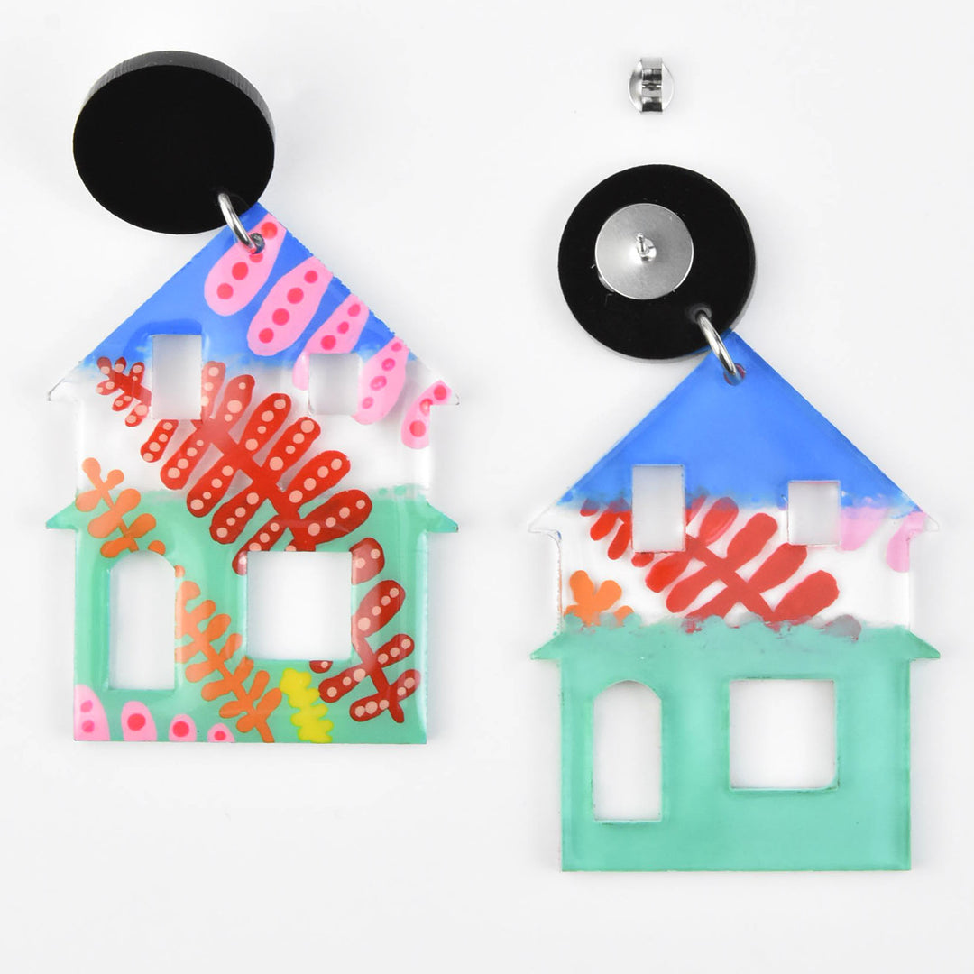 Flower House Abstract Art Earrings - Goldmakers Fine Jewelry