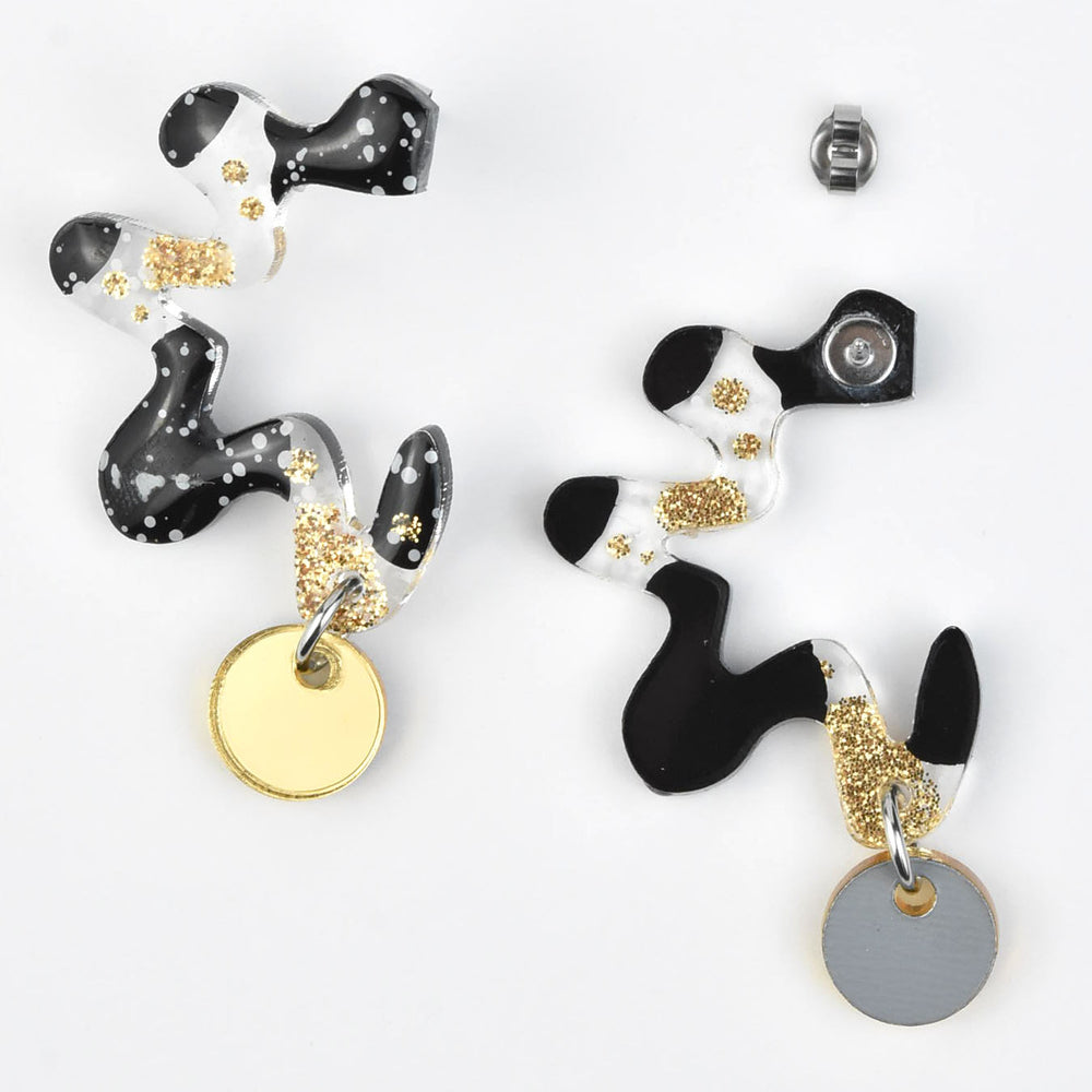 Squiggle Abstract Art Wavy Earrings, Black & Gold - Goldmakers Fine Jewelry