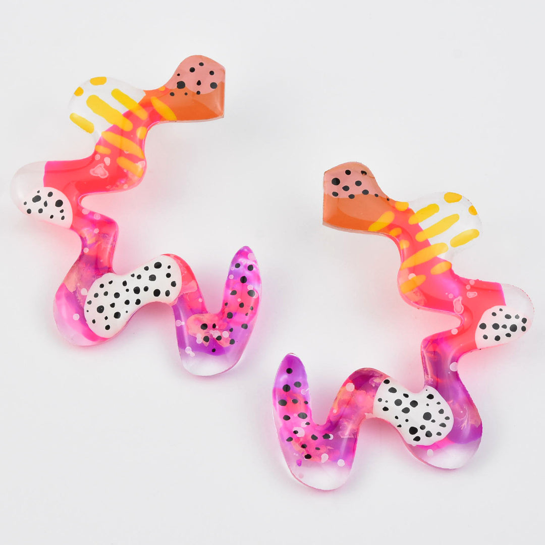 Squiggle Abstract Art Doodle Earrings, Pink & Orange - Goldmakers Fine Jewelry