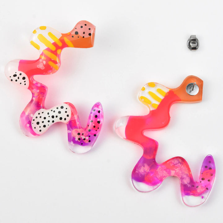 Squiggle Abstract Art Doodle Earrings, Pink & Orange - Goldmakers Fine Jewelry